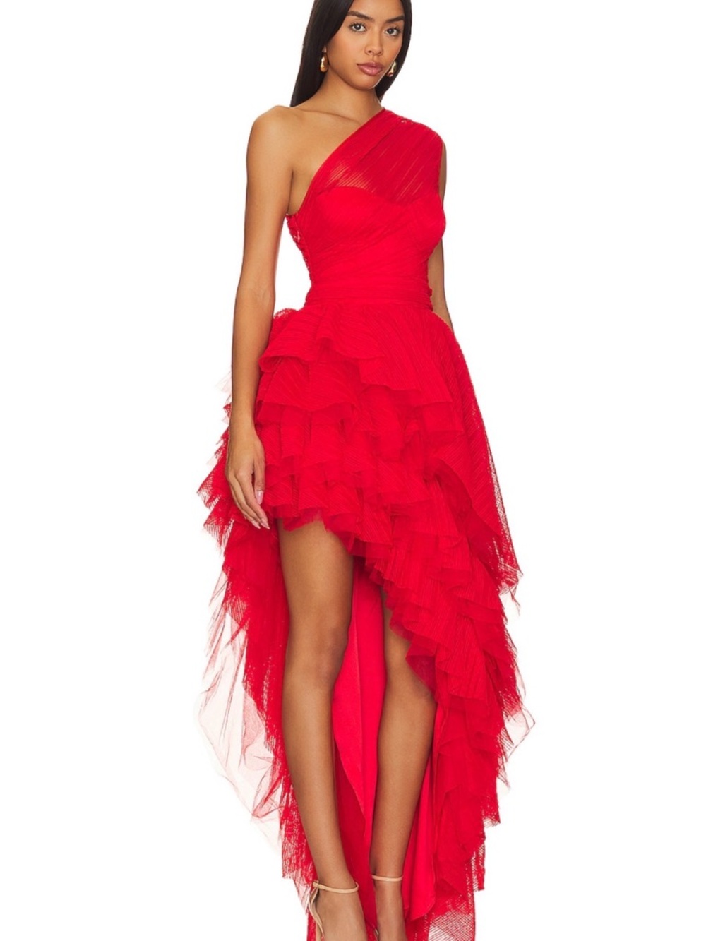 Soriya MAJORELLE Red One-Shoulder Ruffled High-Low Dress